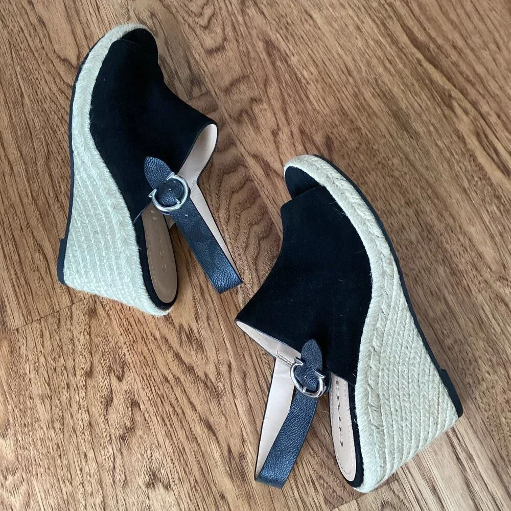 NEW Coach Poppy Espadrille Wedge in Black Suede & Signature Canvas 9 Logo Buckle